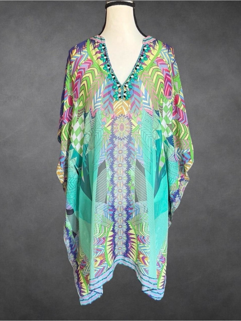 Hale Bob Silk Embellished Geometric Kaftan Tunic Dress/Cover-Up - Size S